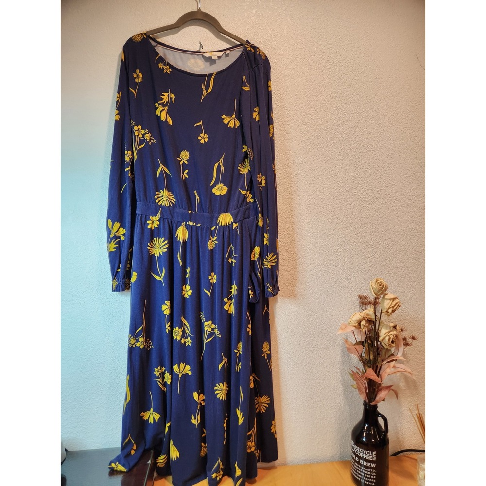 Boden Women's 10R Floral Maxi Dress Navy Yellow Long Sleeve Stretch Boho